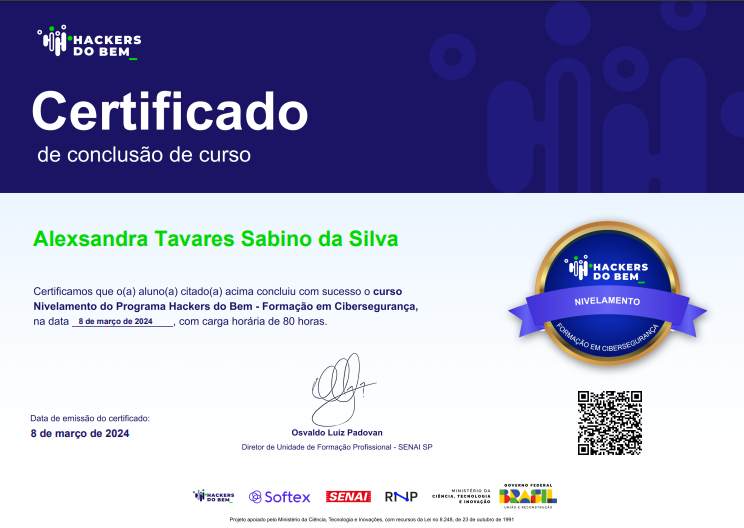 Certificado Nivelamento Formação em Cibersegurança - Hackers do Bem